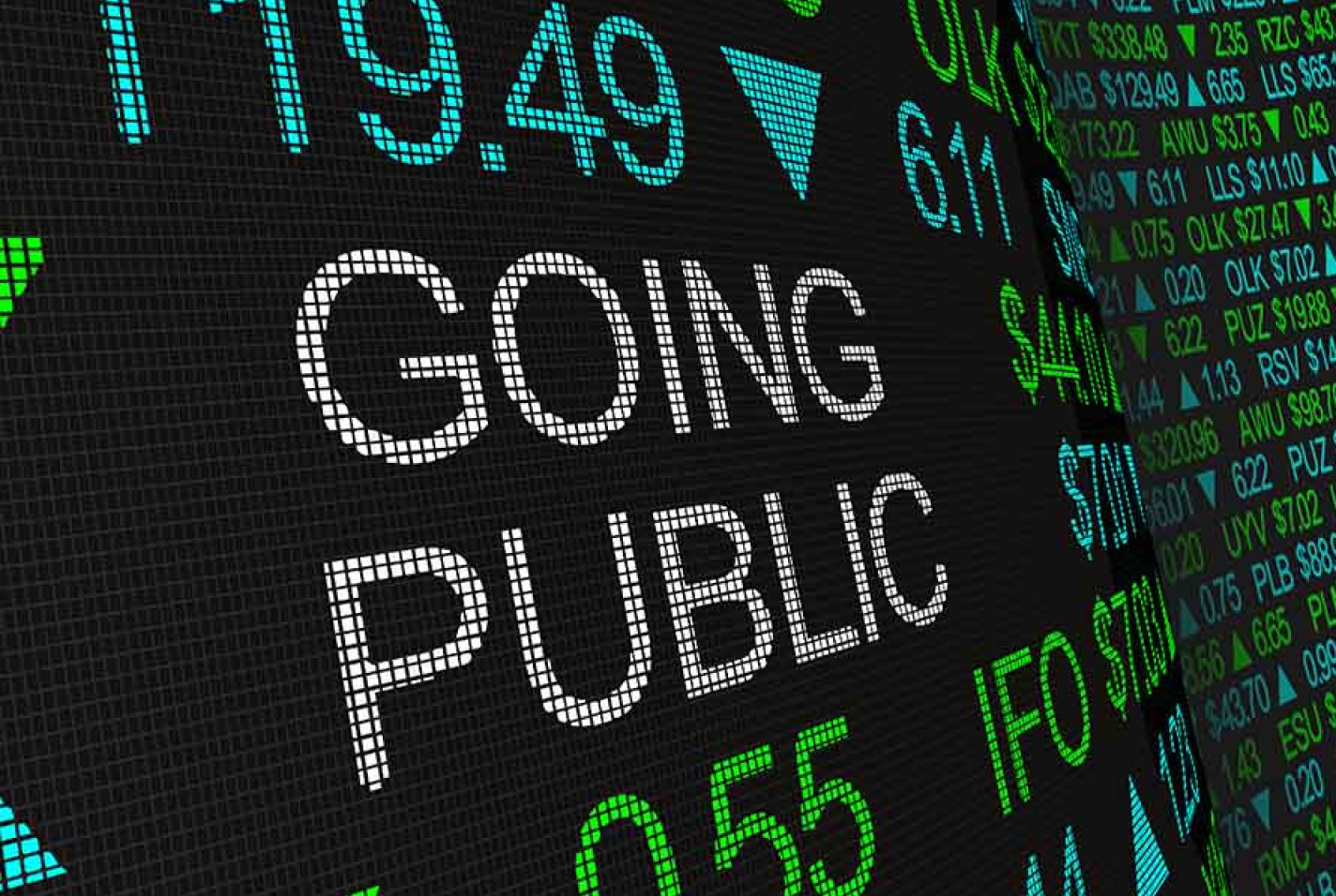 A close up of a digital stock market screen that reads "going public" in the center. 