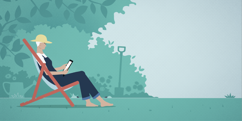 Illustration: Person taking a break from yardwork to sit in chair and check mobile device