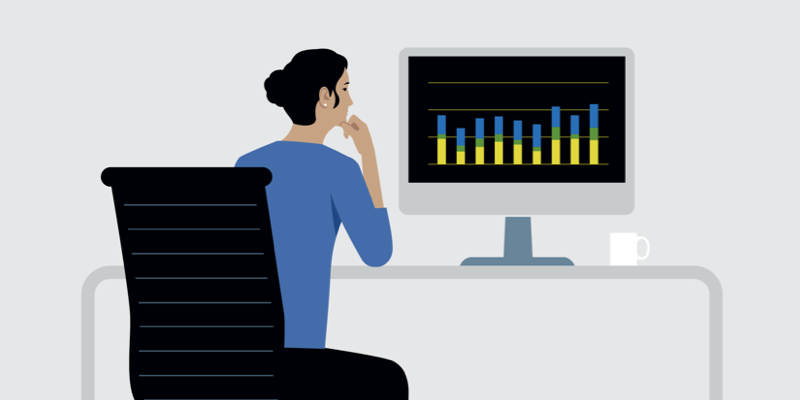 Illustration: Person sitting at computer looking at bar graphs