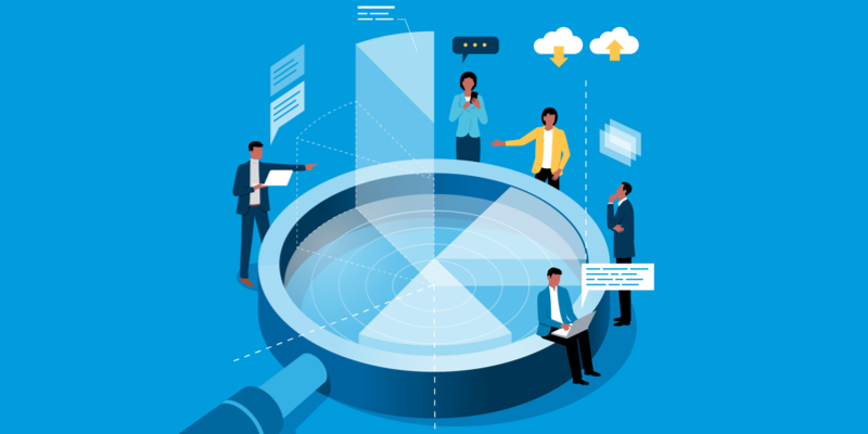 Illustration: People gathered around large microscope graphic that highlights financial considerations