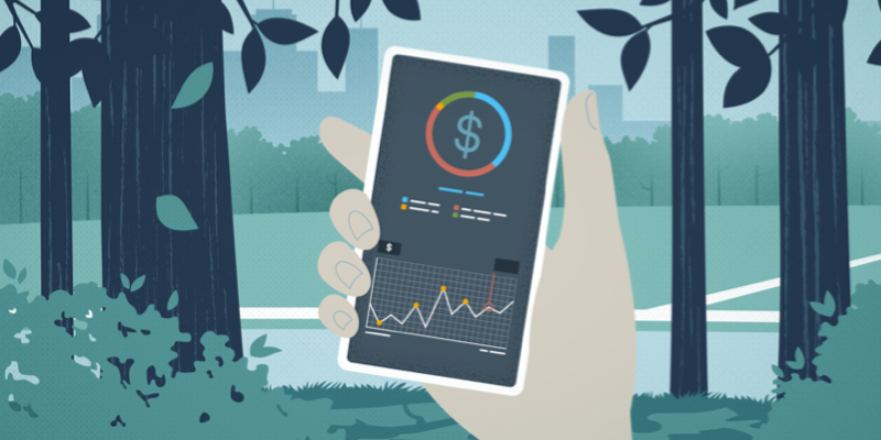 Illustration: Hand holding up mobile device with financial balance information on screen