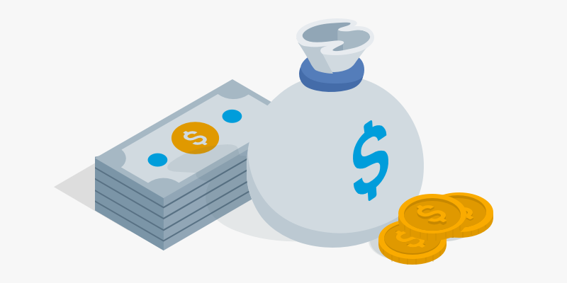 Illustration: A stack of paper money, a money bag, and coins