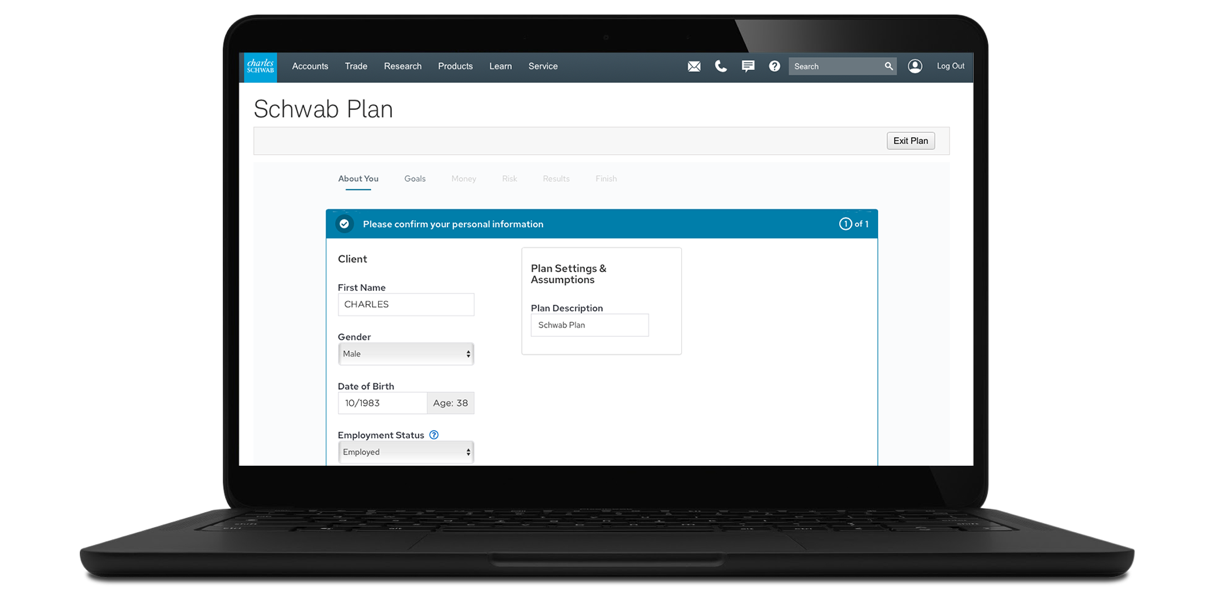 Illustration: Laptop screen showing a web pages featuring “Schwab Plan”